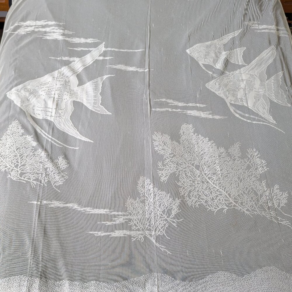 Vintage tropical fish netted sheer curtain panel, maritime coral reef kitchen